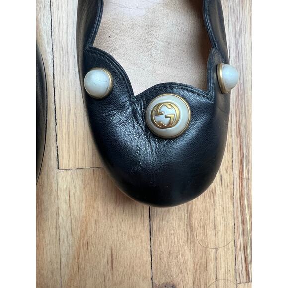 Gucci Women's 41 US 11 Black Leather Ballet Flats Faux Pearl Accent Scallop Edge - Picture 10 of 12